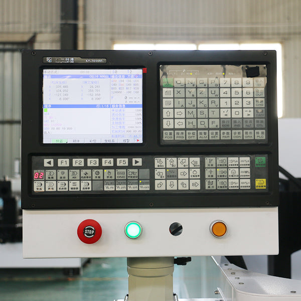 Control panel of Mini ATC CNC Router with disc tool changer, showing screen and buttons for precision machining operations.