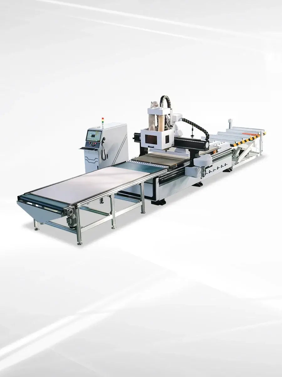  Industrial woodworking CNC machine with control panel and conveyor system, designed for precision cutting and shaping.