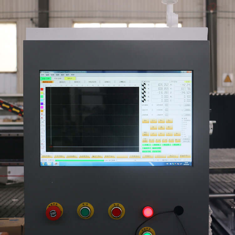 Close-up of CNC router control panel with screen display, showcasing advanced interface and control features for precision machining.