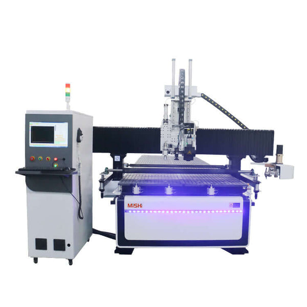 Multifunction ATC CNC Router with Oscillating Knife and CCD Camera for furniture industry, cuts wood, MDF, aluminum. Key features.