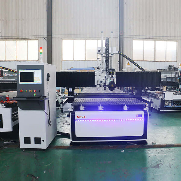 Multifunction ATC CNC Router with oscillating knife and CCD camera for cutting and engraving in furniture industry.