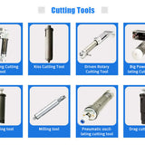 Various cutting tools including oscillating knife, kiss cutting tool, rotary cutter, and more on a display grid with labels.