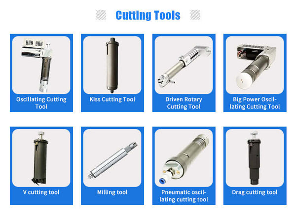 Various cutting tools including oscillating knife, kiss cutting tool, rotary cutter, and more on a display grid with labels.