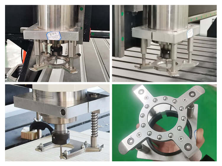 Close-up of platen press machinery showcasing industrial components in various configurations on a workbench.