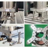 Close-up of platen press machinery showcasing industrial components in various configurations on a workbench.