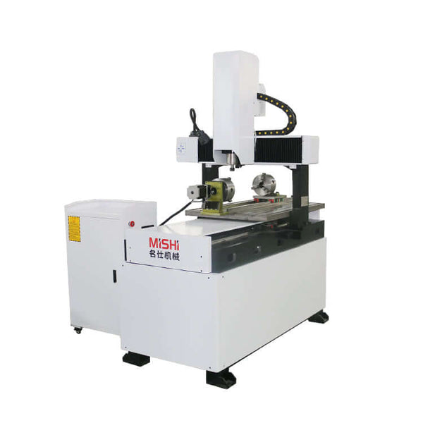 4 Axis Mini CNC Router for 2D & 3D engraving with rotary axis, used for metals like stainless steel and aluminum.