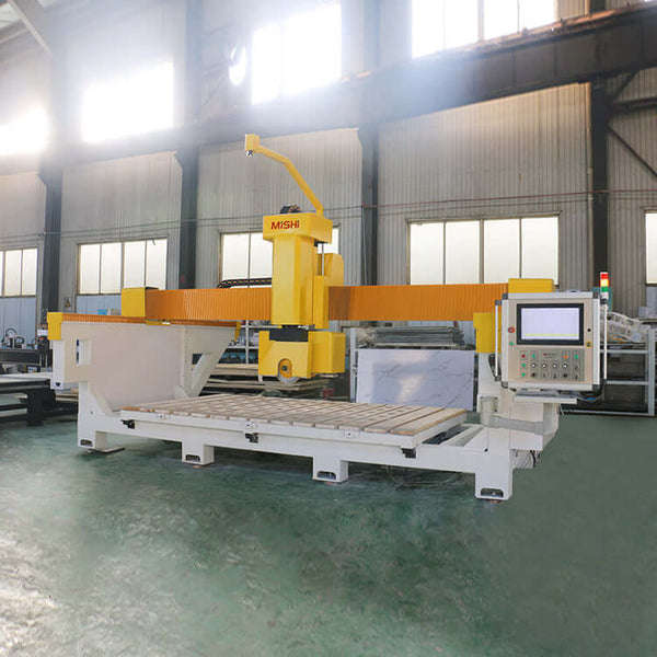 Precision 5-axis bridge saw machine for stone countertops, ideal for cutting quartz, marble, and granite in industrial settings.