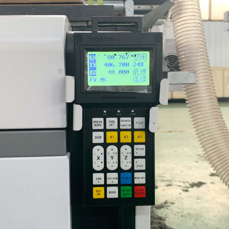 Control panel of Precision Double Head CNC Router displaying settings and features for wood engraving.