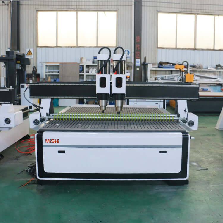 High-efficiency precision double head CNC router for wood engraving in a workshop setting, ideal for furniture manufacturing.
