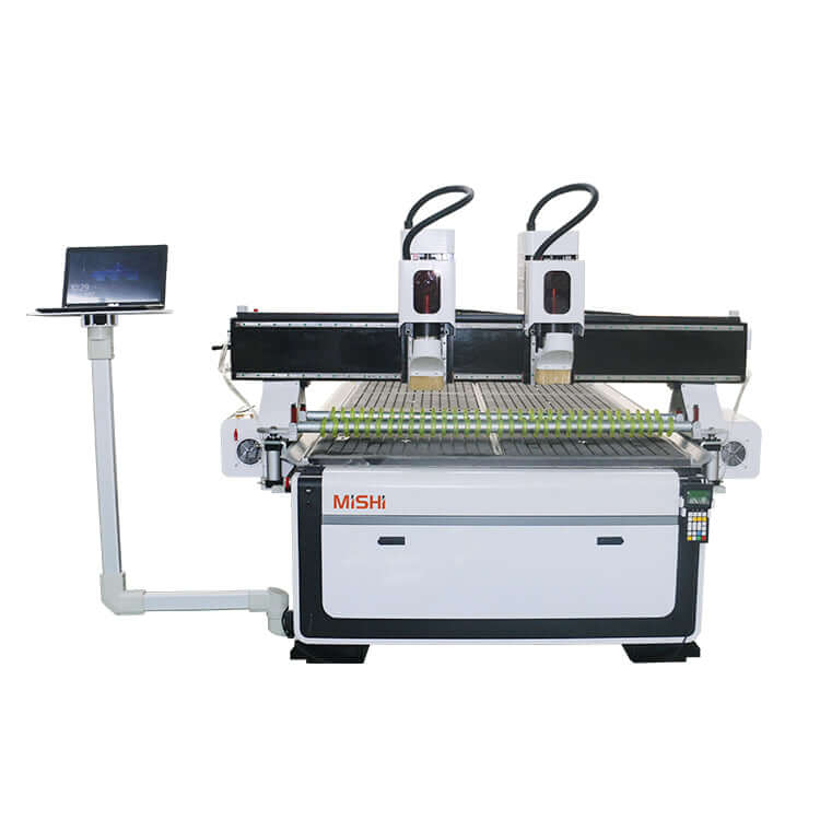 Precision Double Head CNC Router for wood engraving with high accuracy controllers, enhancing efficiency and processing speed.