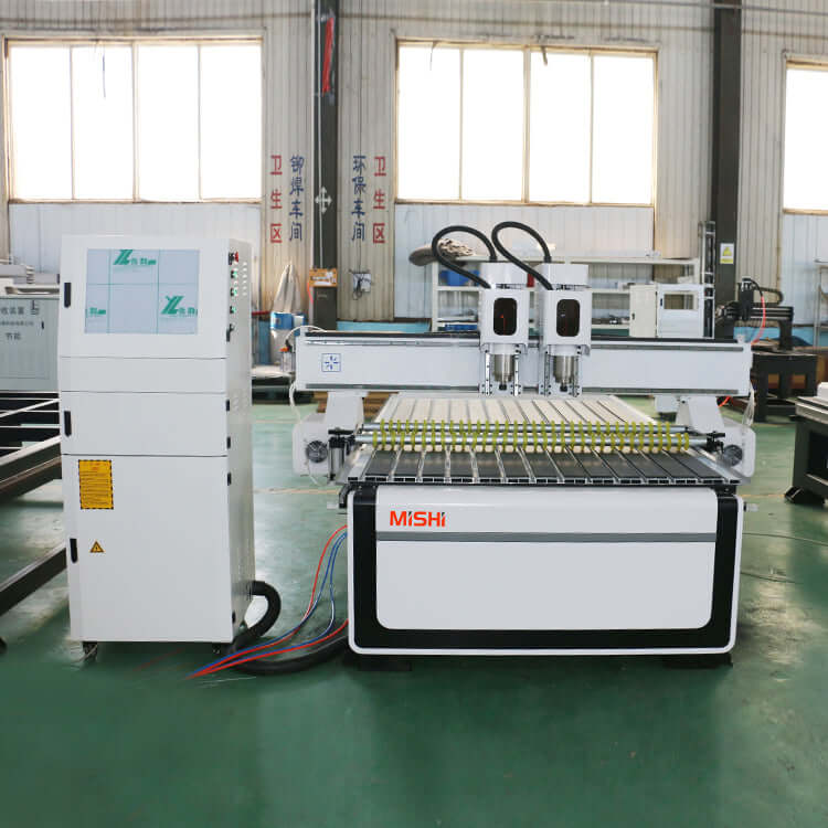 Precision Double Head CNC Router for efficient wood engraving in furniture manufacturing, equipped with advanced controllers.
