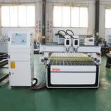 Precision Double Head CNC Router for efficient wood engraving in furniture manufacturing, equipped with advanced controllers.