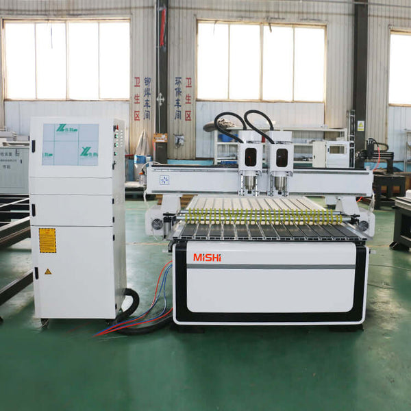 Precision Double Head CNC Router for efficient wood engraving in furniture manufacturing, equipped with advanced controllers.