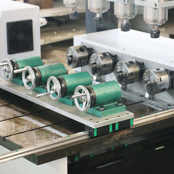 Precision Multi Head 4-Axis Mini CNC Router setup for detailed 3D wood carving and metal engraving, showcasing rotary axis functionality.