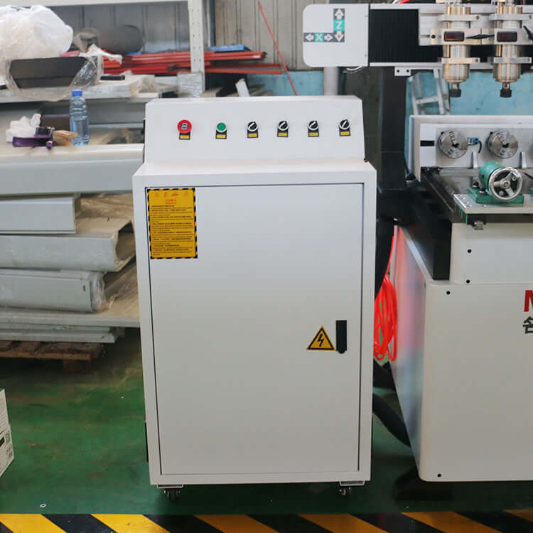 Control panel of Precision Multi Head 4-Axis Mini CNC Router for 3D wood carving in a workshop setting.