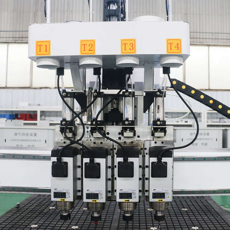 Multi-heads ATC CNC router machine with four spindles for woodworking, suited for furniture and cabinet manufacturing.
