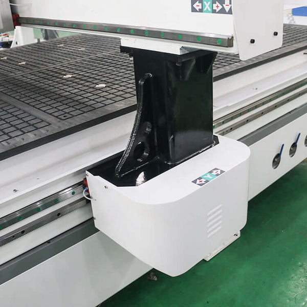 Close-up of a precision multi-process ATC CNC router for furniture, with four spindle tools for efficient wood cutting and milling.