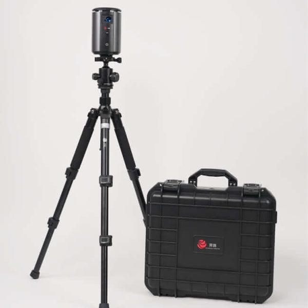 Portable tripod-mounted laser scanner with protective carrying case for surveying and measurements.