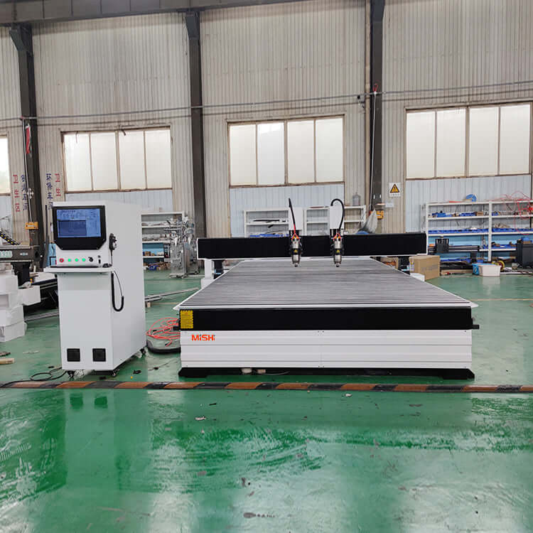 Precision double head CNC router for wood engraving in a workshop, featuring advanced controllers for high accuracy and speed.