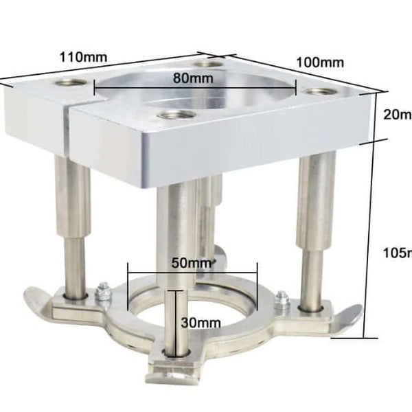 Metal platen press with dimensions for precision mechanics, featuring stainless steel components and adjustable height.