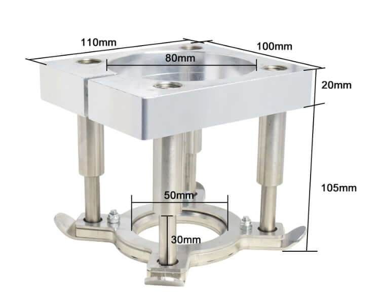 Metal platen press with dimensions for precision mechanics, featuring stainless steel components and adjustable height.