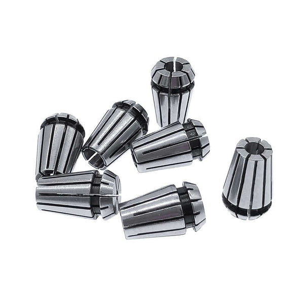 Set of precision tool collets for machine tools on white background, featuring six durable metal collets for accurate machining support