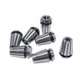 Set of precision tool collets for machine tools on white background, featuring six durable metal collets for accurate machining support
