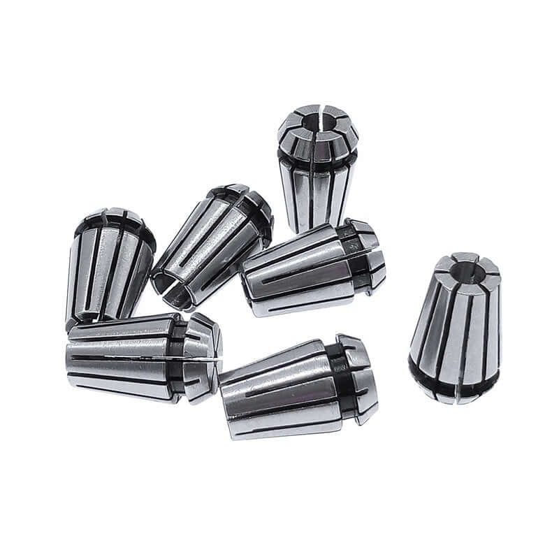 Set of precision tool collets for machine tools on white background, featuring six durable metal collets for accurate machining support