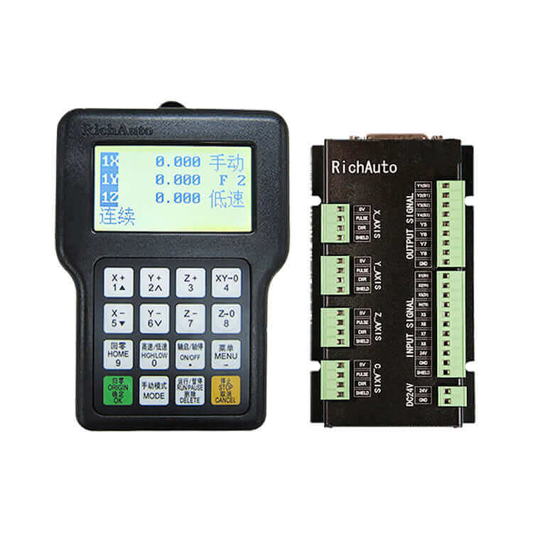 RichAuto DSP controller for CNC machines, featuring a keypad interface and display with connection module, enhancing precision control.