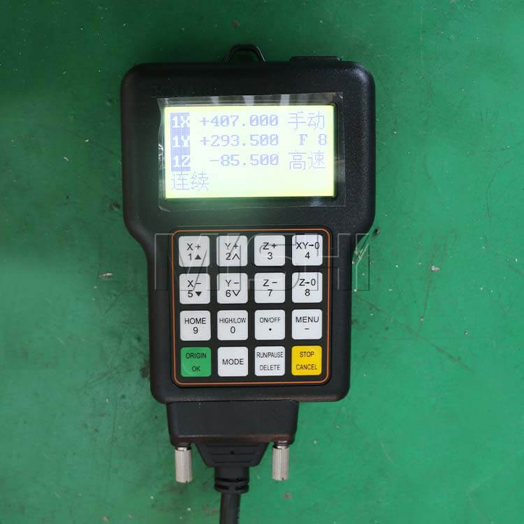 Controller for High-Precision Heavy Duty Stone CNC Router, featuring numerical buttons and a small screen displaying coordinates.