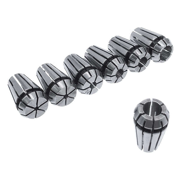 Set of six precision tool collets for secure holding in machining and drilling applications.