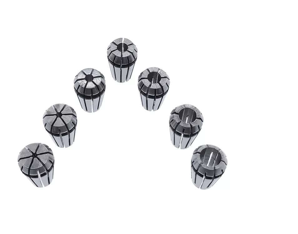 Set of precision tool collets arranged in a triangular formation on a white background