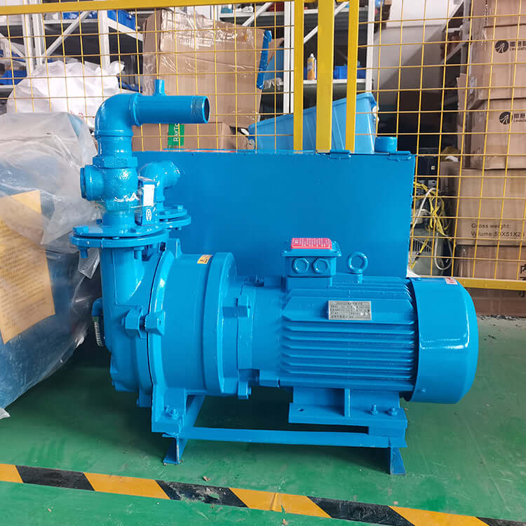 Blue vacuum pump with coaxial design, featuring bronze impeller for corrosion resistance and low noise operation in an industrial setting.
