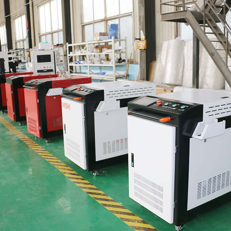 Row of advanced 3-in-1 laser machines for metal processing in a factory setting, showcasing compact design and high functionality.