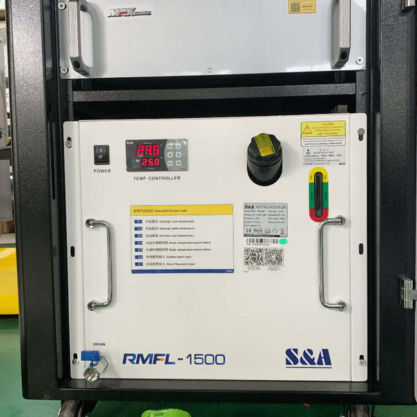 Front view of RMFL-1500 laser machine showing control panel and temperature settings for precise metal processing.