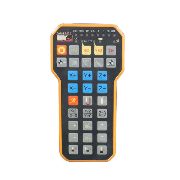 Control handle with multiple function buttons for XYZ axis control, featuring a bright display and durable design.