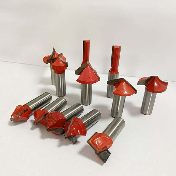 Premium woodworking router bit set for precision cutting with red tips, ideal for carpenters seeking high-quality tools.