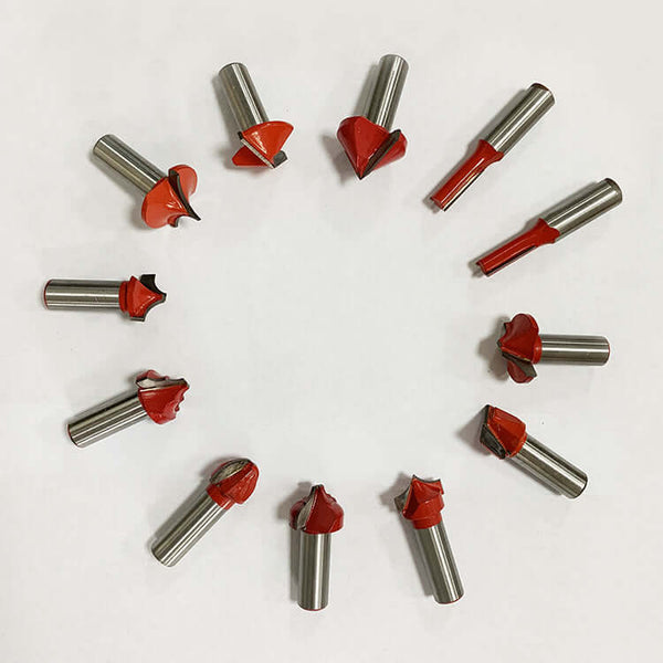Premium woodworking tools set arranged in a circle, showcasing precision cutting blades with red and silver design.