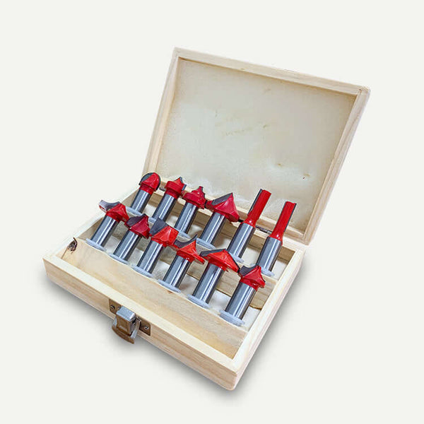 Premium woodworking tools set with precision cutting bits in a wooden box.