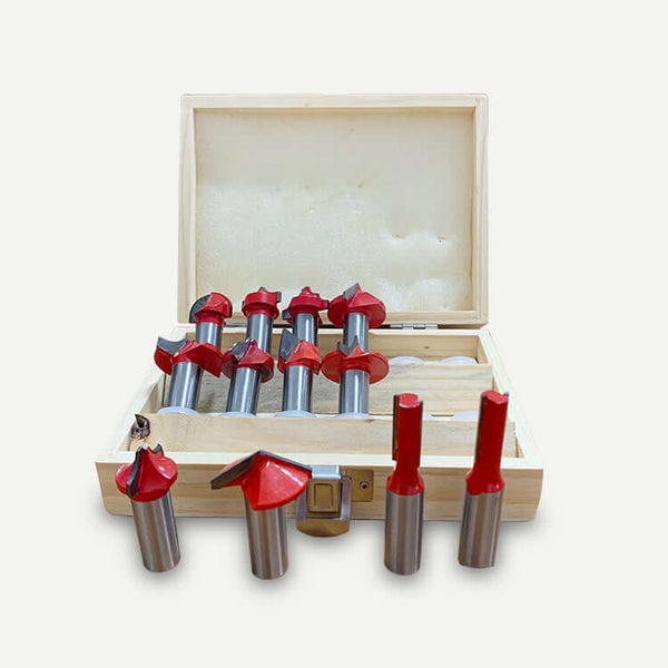 Premium woodworking tool set with precision cutting bits in a wooden box