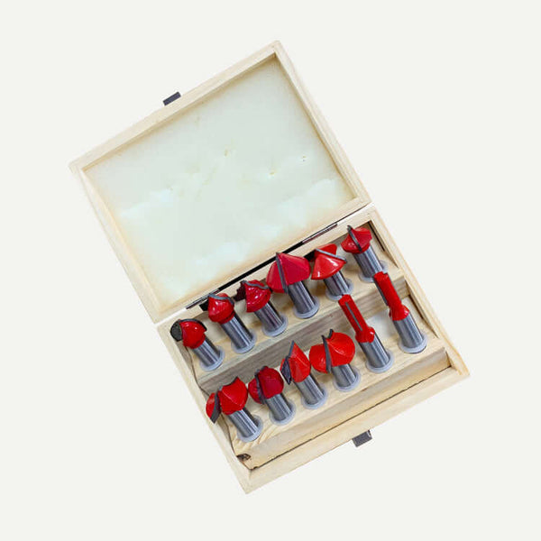 Premium woodworking tools set for precision cutting in a wooden case, showcasing various drill and router bits for woodworking projects.