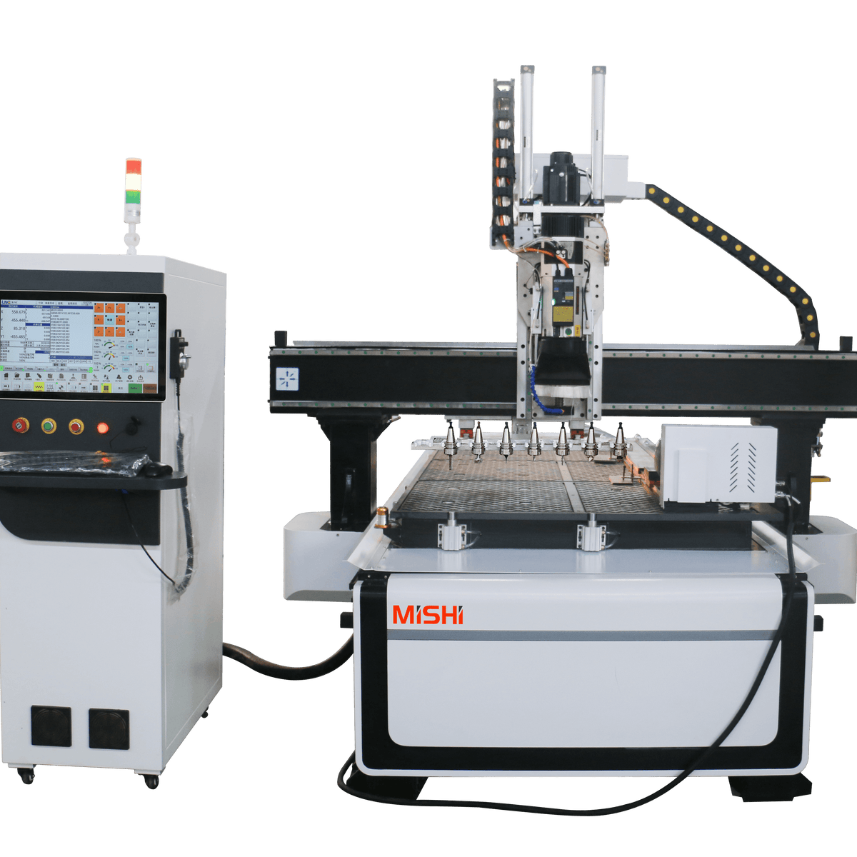 4 Axis ATC CNC Router machine for woodworking, featuring cutting, engraving, drilling for wood, MDF, aluminum, acrylic, and more.