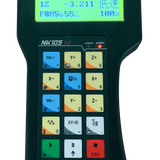 Handheld CNC controller with LCD display showing coordinates and numeric keypad with control buttons.