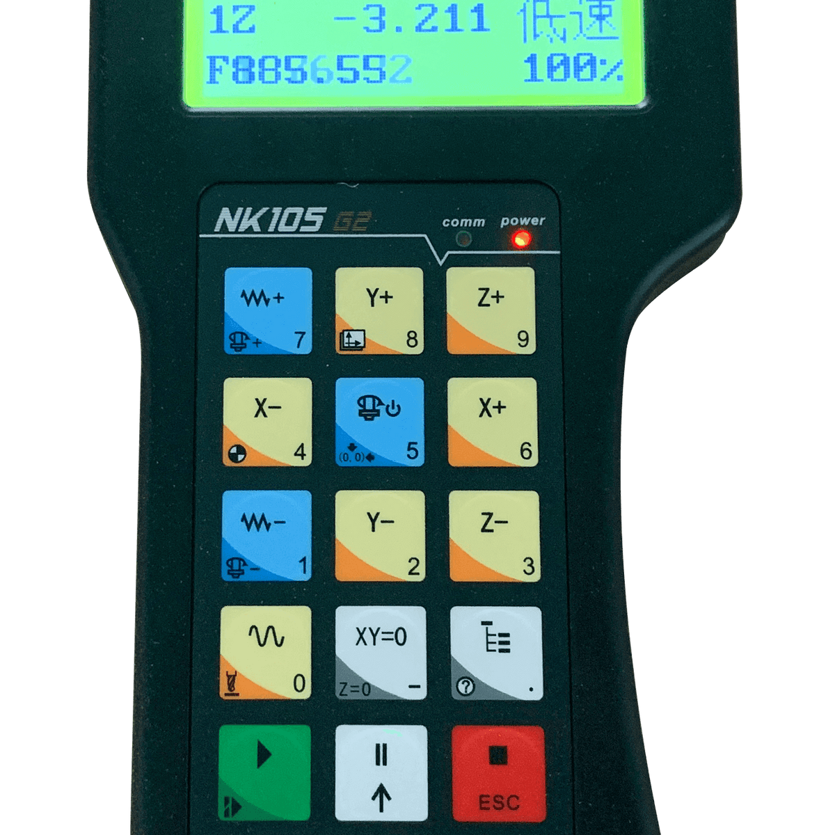 Handheld CNC controller with LCD display showing coordinates and numeric keypad with control buttons.