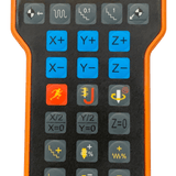 Wireless CNC control handle with multiple function buttons and orange trim, used for machine navigation and operation.