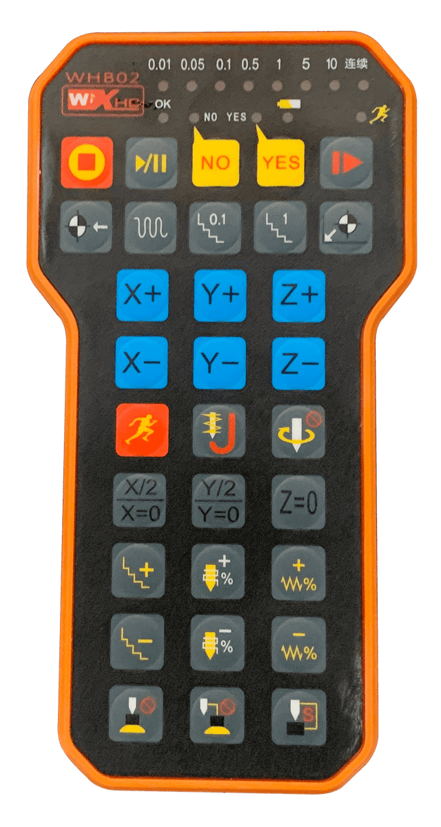 Wireless CNC control handle with multiple function buttons and orange trim, used for machine navigation and operation.