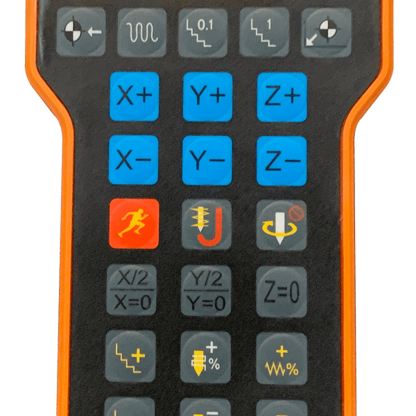 Wireless CNC control handle with multiple function buttons and orange trim, used for machine navigation and operation.